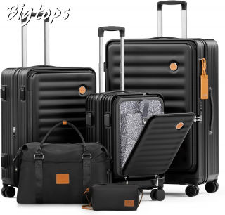 Bigtops Luggage Sets 5 Piece with Front Pocket, PC Hardside Expandable Carry on Suitcase with Spinner Wheels and TSA Lock,Black