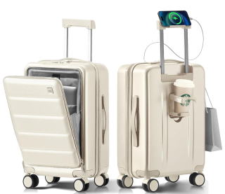 BIGTOPS Click to see full view 20 IN Carry On Luggage 22x14x9 Airline Approved - Front Pocket Hardside Travel Suitcase Unbreakable -with Cup Holder,Charging Port,Side Pothook, 360°Spinner Wheels, TSA Lock-White