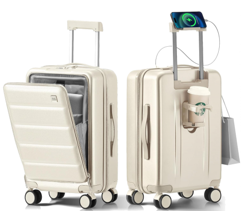 BIGTOPS Click to see full view 20 IN Carry On Luggage 22x14x9 Airline Approved - Front Pocket Hardside Travel Suitcase Unbreakable -with Cup Holder,Charging Port,Side Pothook, 360°Spinner Wheels, TSA Lock-White
