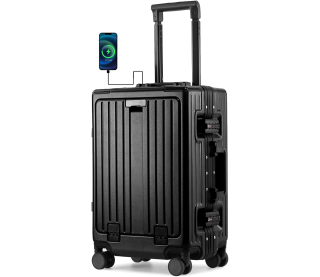 24 inch Luggage with Spinner Wheels Hard Shell Suitcases TSA Approved Luggage, Aluminum Frame Suitcases with Cup Holder, Black