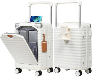 Bigtops 20 Inch Carry on Luggage with Front Pocket, PC Hardshell Carry-on Suitcase with USB Port and Cup Holder, Luggage with Spinner Wheels and TSA Lock (White)