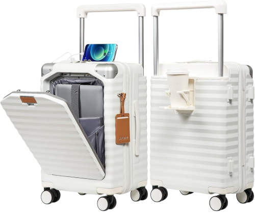 Bigtops 20 Inch Carry on Luggage with Front Pocket, PC Hardshell Carry-on Suitcase with USB Port and Cup Holder, Luggage with Spinner Wheels and TSA Lock (White)