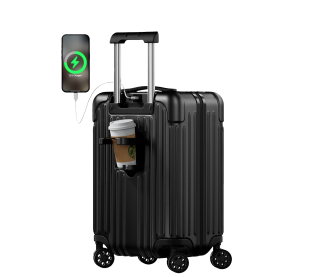 Bigtops Carry on Luggage 20 Inch USB Suitcases with Spinner Double Wheels Cup Holder PC+ABS Hardside Luggage with TSA Lock (Black)