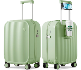 Bigtops Carry On Luggage with Cup Phone Holder Hard Shell Rolling Travel Suitcase with Spinner Wheels,20 Inch Smoke White