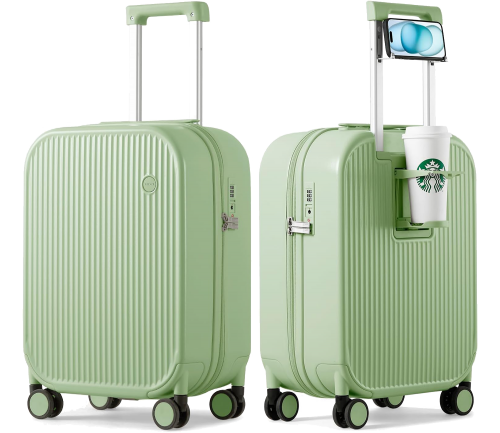 Bigtops Carry On Luggage with Cup Phone Holder Hard Shell Rolling Travel Suitcase with Spinner Wheels,20 Inch Smoke White