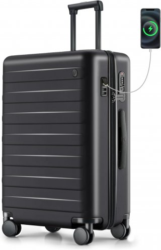 Medium Checked Luggage 24 Inch, Checking In Luggage with USB Port, Spinner Wheels, Lightweight, Hard Shell PC Suitcase, Lightweight Travel Luggage, TSA Approved (Pirate Black, Rhine Pro)