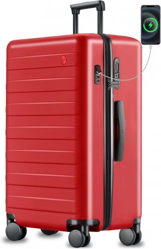 Large Checked Luggage 29 Inch, Checking In Luggage with USB Port, Spinner Wheels, Lightweight, Hard Shell PC Suitcase, Lightweight Travel Luggage, TSA Approved (Samba Red, Rhine Pro)