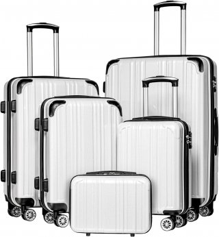 Bigtops Luggage Expandable 5 Piece Sets PC+ABS Spinner Suitcase 20 inch 24 inch 28 inch (white grid new)