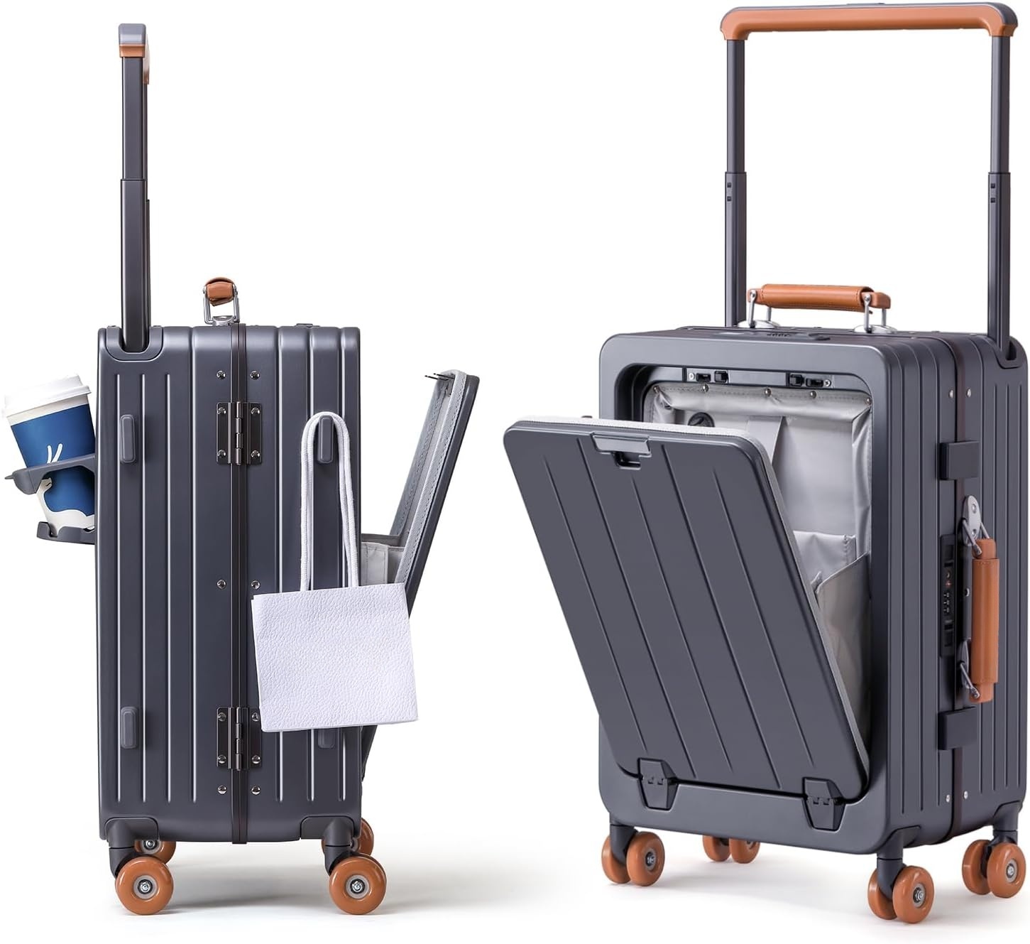 Bigtops Carry On Luggage with Front Laptop Compartment, Aluminium Frame Rolling Suitcase with USB Ports, Cup Holder, TSA Lock, Skate Wheels (GrayBrown, 21-Inch)