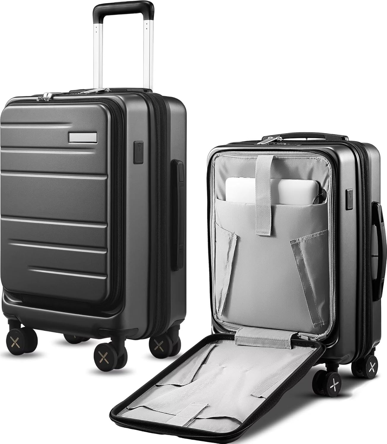 Bigtops Carry On Luggage 22x14x9 Airline Approved, Expandable Polycarbonate Suitcase with Front Pocket (Charcoal Metallic, 20 Inch, 35L)